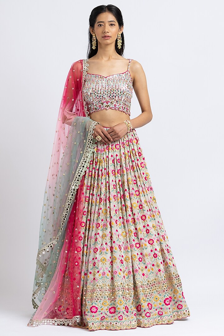 Ivory Georgette Embroidered Wedding Lehenga Set by NITIKA GUJRAL at Pernia's Pop Up Shop