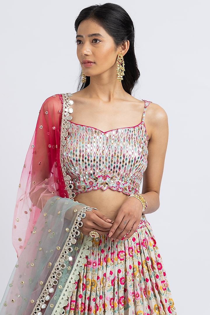 Ivory Georgette Embroidered Wedding Lehenga Set by NITIKA GUJRAL at Pernia's Pop Up Shop