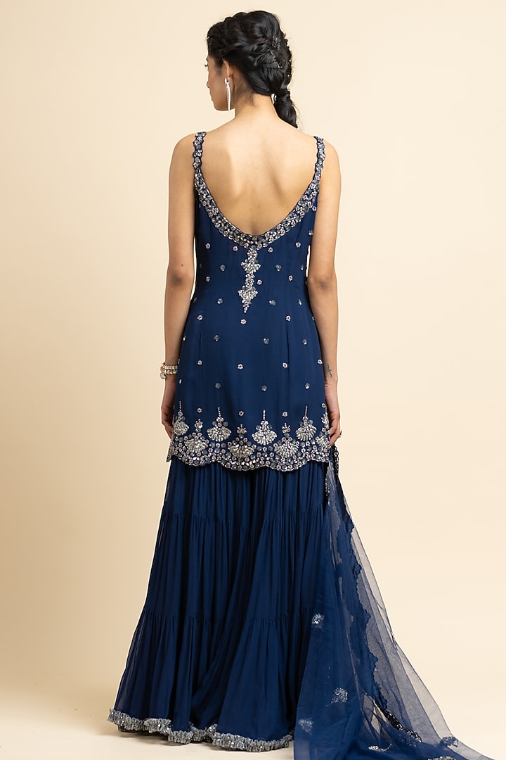 Navy Blue Georgette Wedding Sharara Set by NITIKA GUJRAL at Pernia's Pop Up Shop