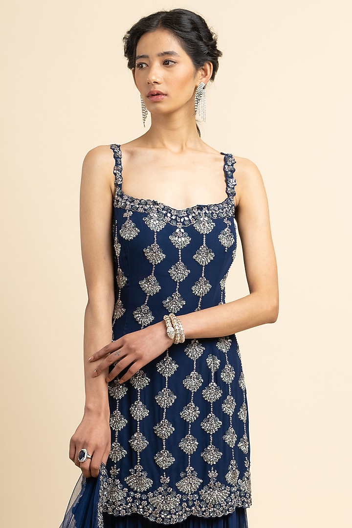 Navy Blue Georgette Wedding Sharara Set by NITIKA GUJRAL at Pernia's Pop Up Shop