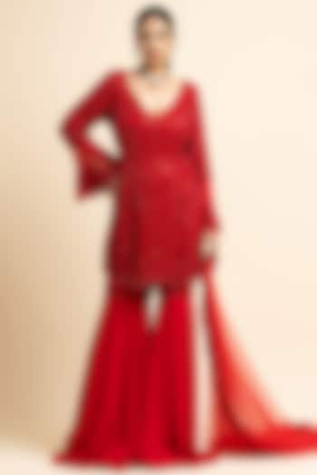 Dark Red Georgette Gharara Set by NITIKA GUJRAL at Pernia's Pop Up Shop