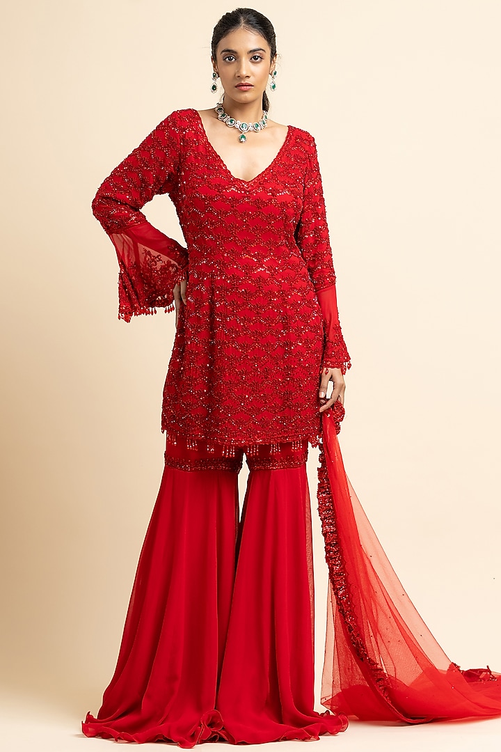 Dark Red Georgette Gharara Set by NITIKA GUJRAL at Pernia's Pop Up Shop