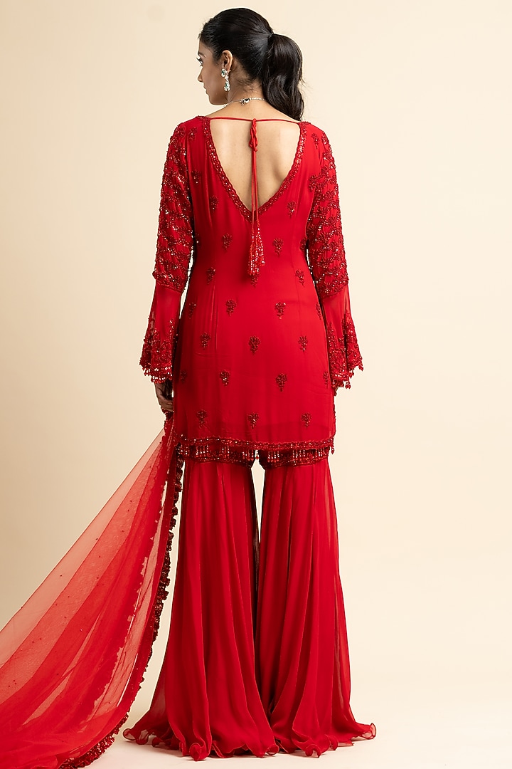 Dark Red Georgette Gharara Set by NITIKA GUJRAL at Pernia's Pop Up Shop