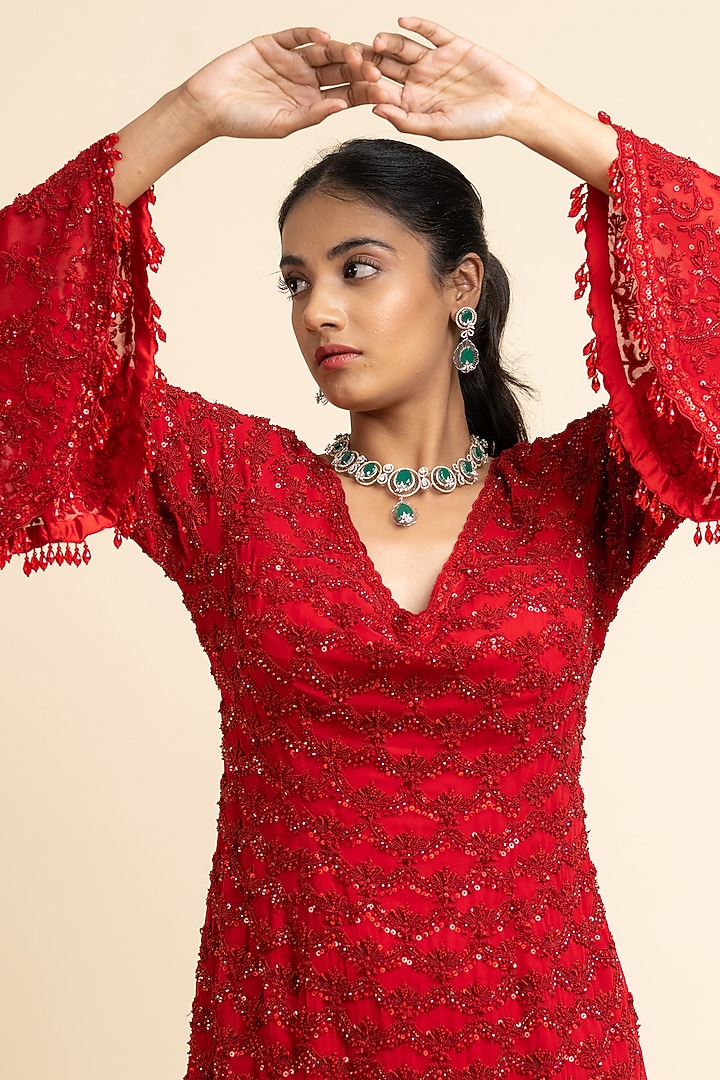 Dark Red Georgette Gharara Set by NITIKA GUJRAL at Pernia's Pop Up Shop