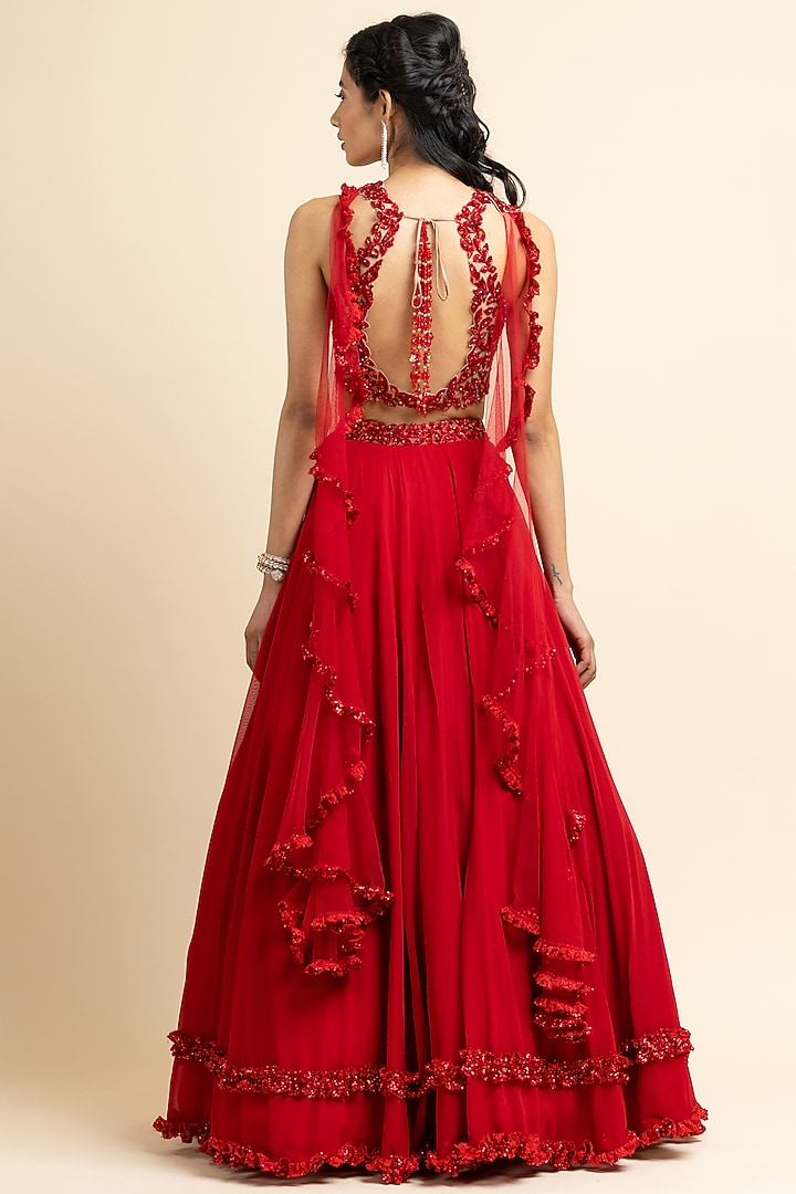 Dark Red Georgette Wedding Lehenga Set by NITIKA GUJRAL at Pernia's Pop Up Shop