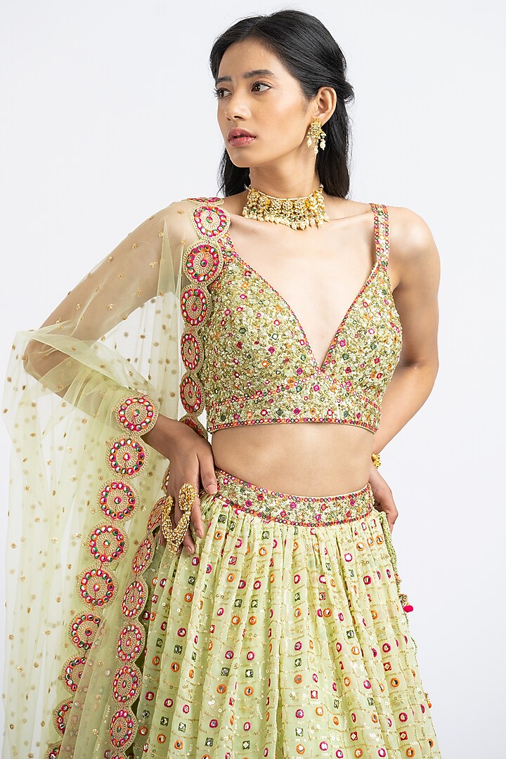 Mehendi Green Georgette Wedding Lehenga Set by NITIKA GUJRAL at Pernia's Pop Up Shop