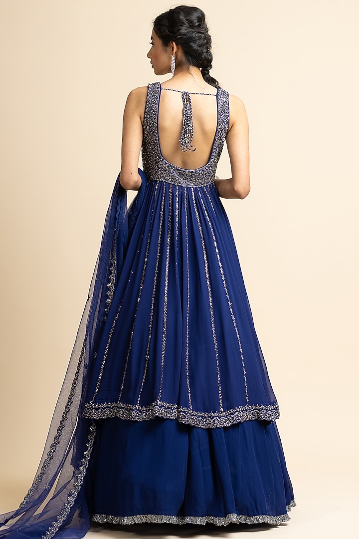 Midnight Blue Georgette Jacket Wedding Lehenga Set by NITIKA GUJRAL at Pernia's Pop Up Shop