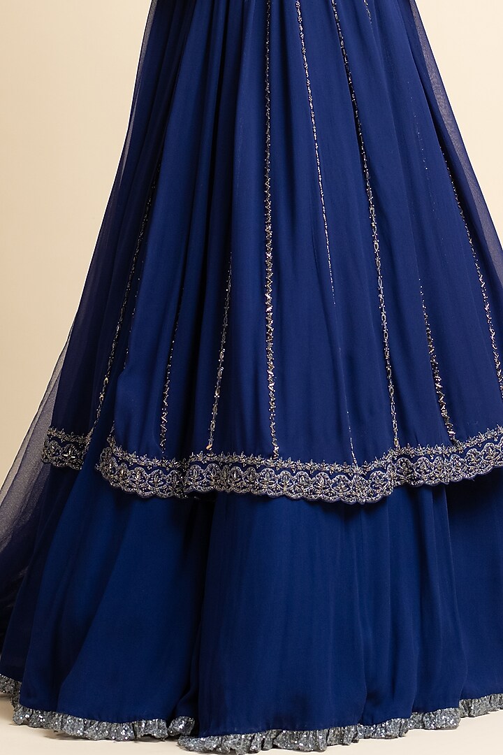 Midnight Blue Georgette Jacket Wedding Lehenga Set by NITIKA GUJRAL at Pernia's Pop Up Shop