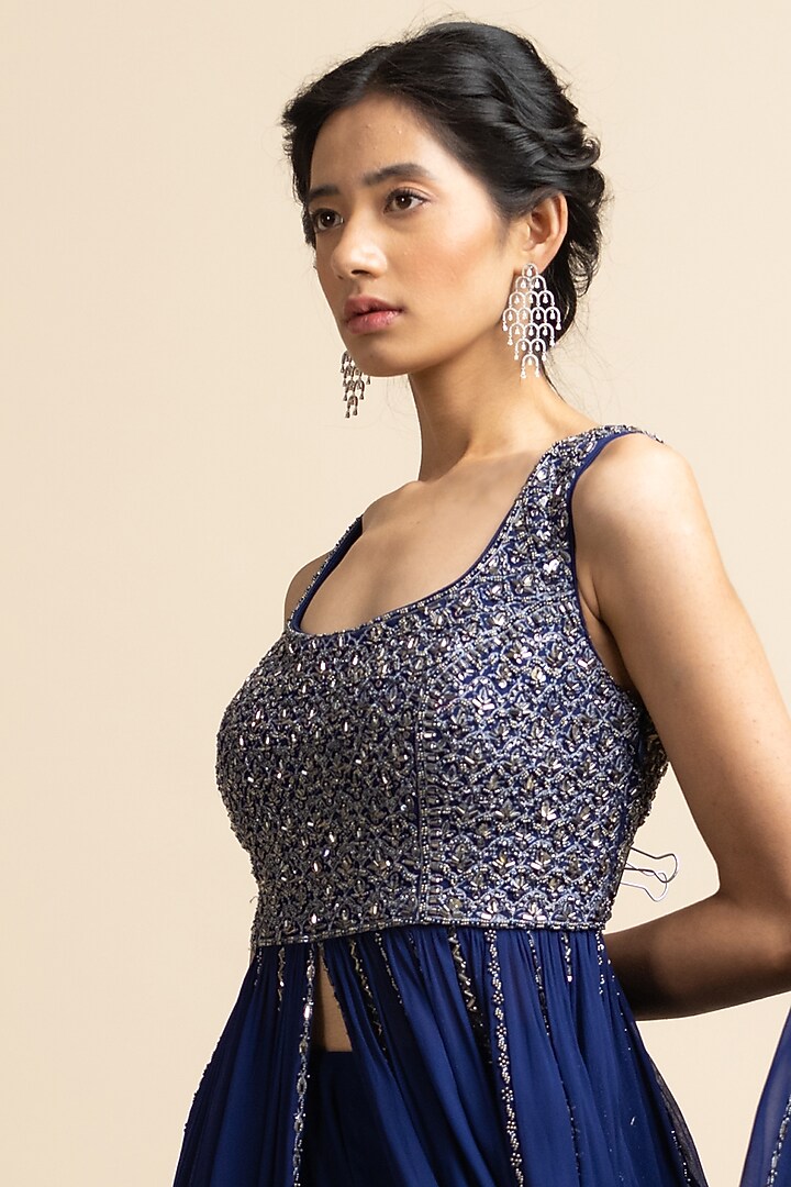 Midnight Blue Georgette Jacket Wedding Lehenga Set by NITIKA GUJRAL at Pernia's Pop Up Shop