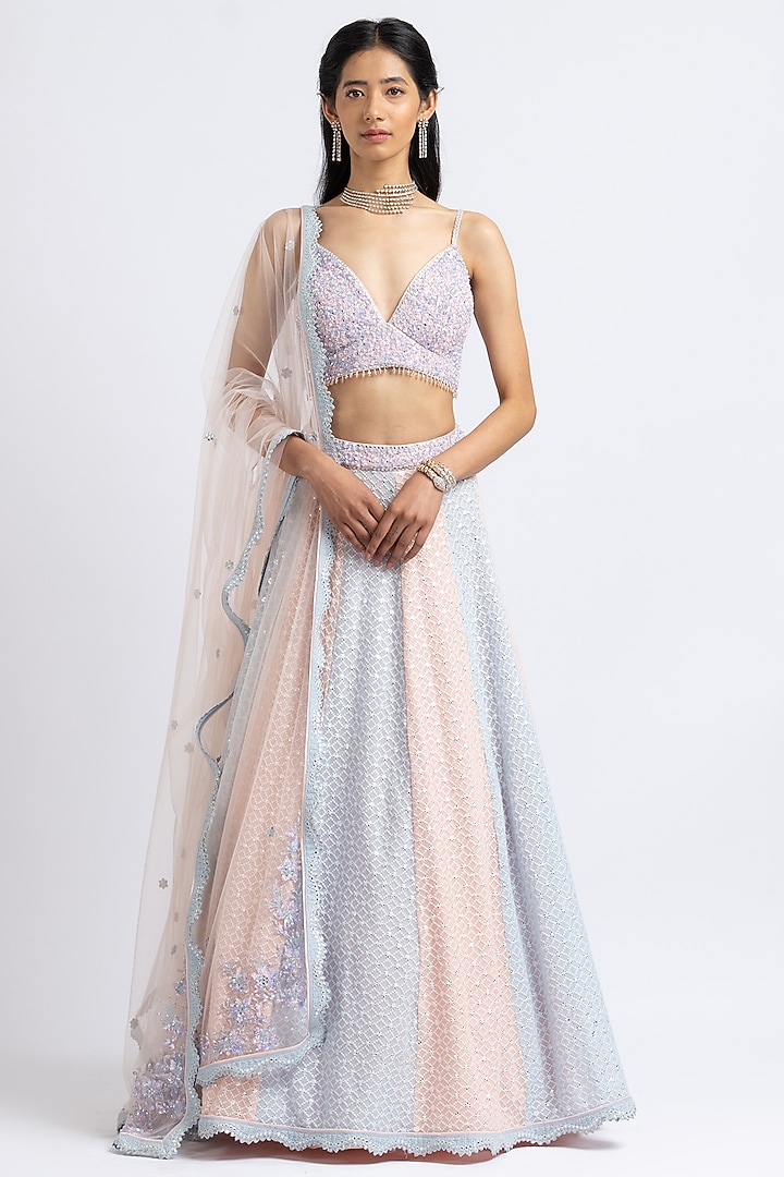 Blush Peach & Ice Blue Bead Embroidered Wedding Lehenga Set by NITIKA GUJRAL at Pernia's Pop Up Shop