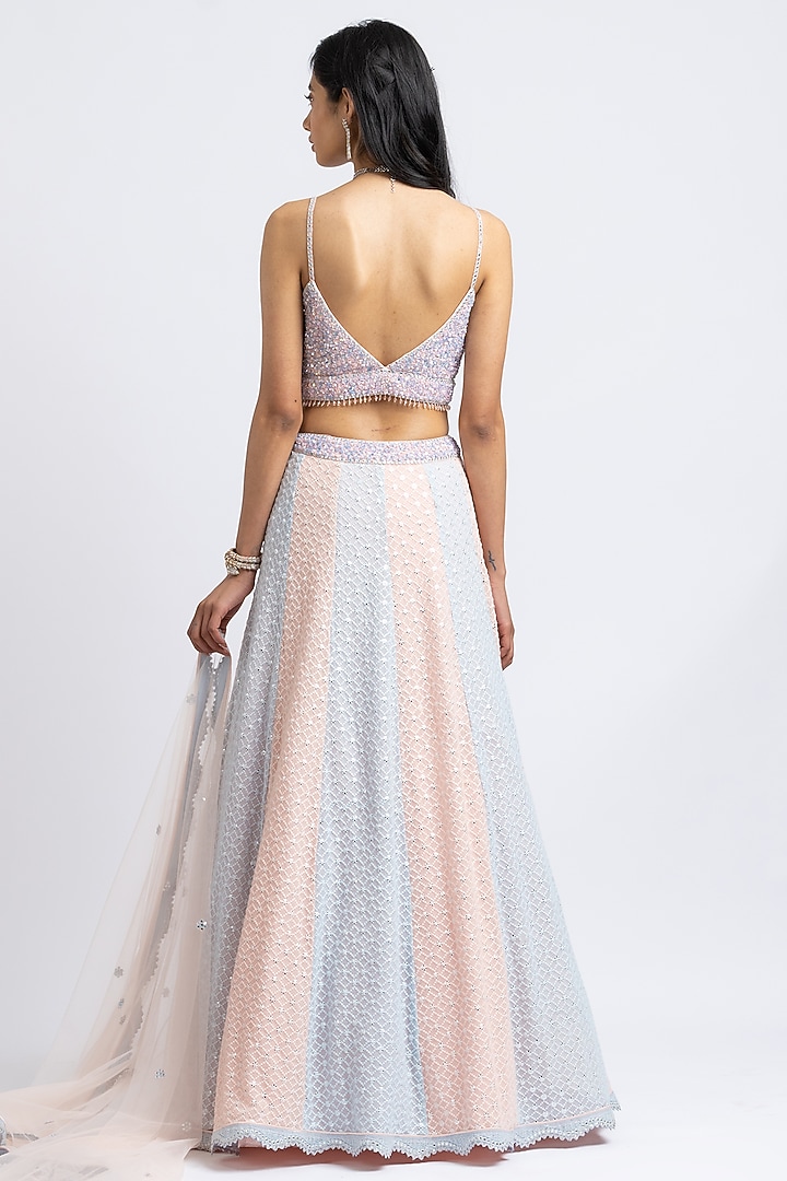 Blush Peach & Ice Blue Bead Embroidered Wedding Lehenga Set by NITIKA GUJRAL at Pernia's Pop Up Shop