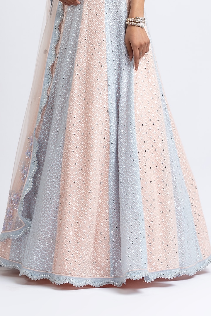 Blush Peach & Ice Blue Bead Embroidered Wedding Lehenga Set by NITIKA GUJRAL at Pernia's Pop Up Shop