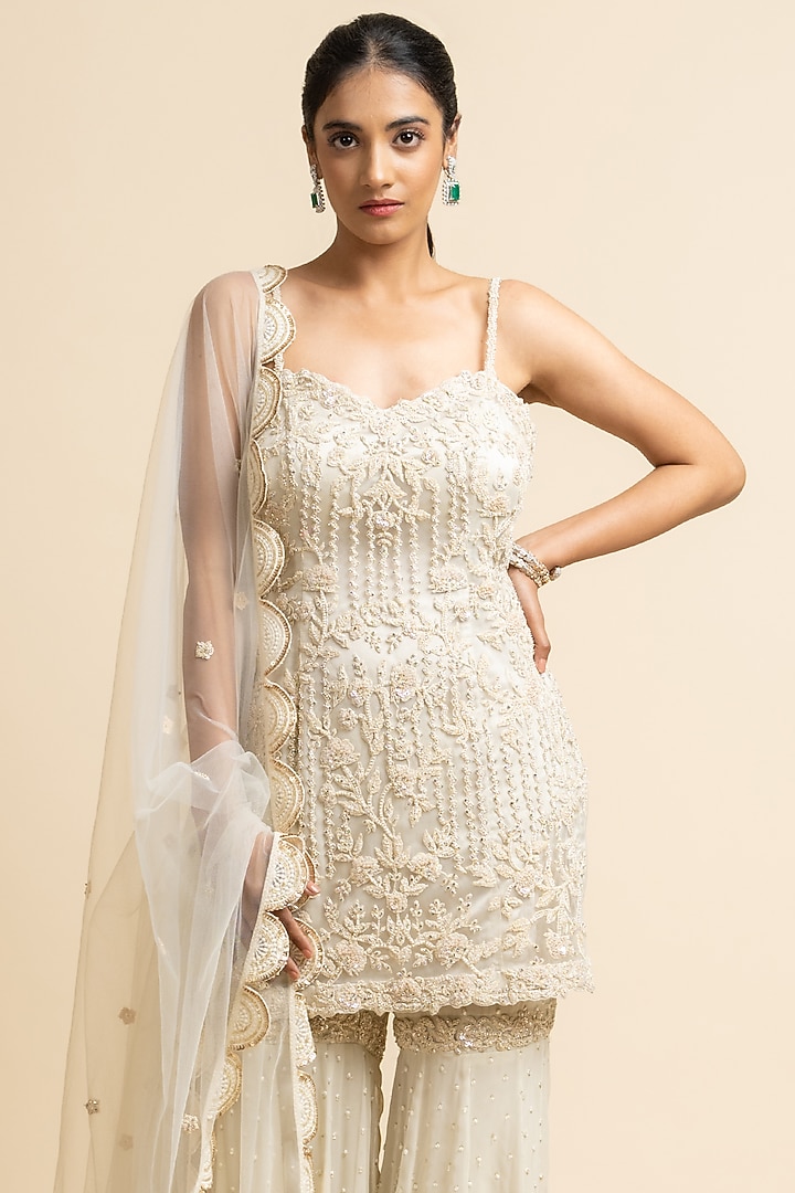 Ivory Georgette Embroidered Gharara Set by NITIKA GUJRAL at Pernia's Pop Up Shop