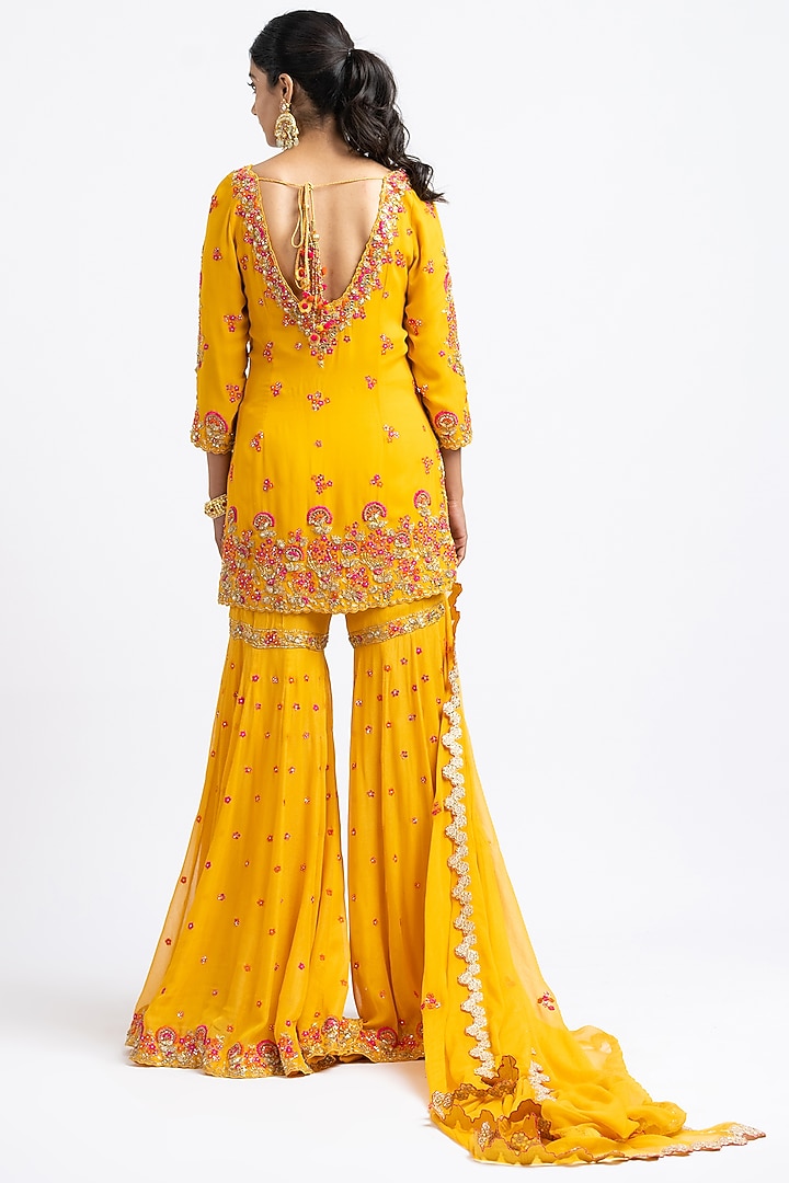 Mustard Georgette Embroidered Gharara Set by NITIKA GUJRAL at Pernia's Pop Up Shop
