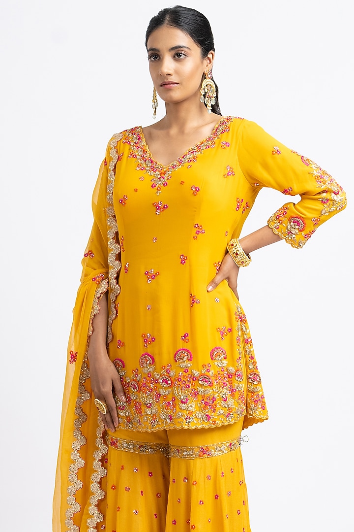 Mustard Georgette Embroidered Gharara Set by NITIKA GUJRAL at Pernia's Pop Up Shop