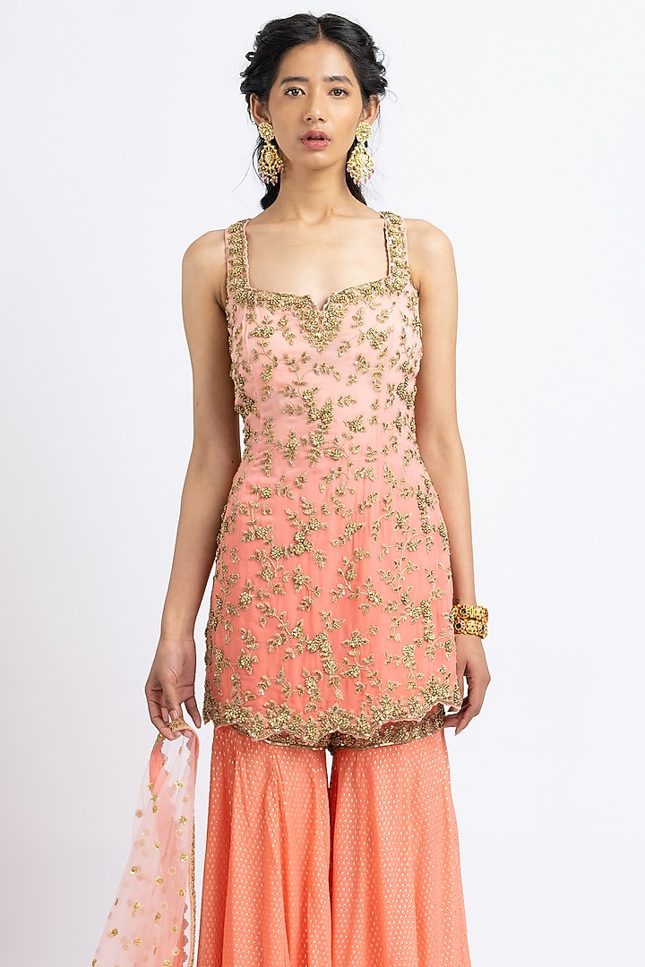 Coral Mukaish Gharara Set by NITIKA GUJRAL at Pernia's Pop Up Shop
