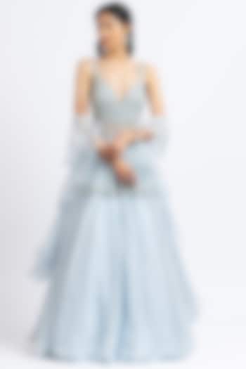 Ice Blue Organza Embroidered Wedding Lehenga Set by NITIKA GUJRAL at Pernia's Pop Up Shop