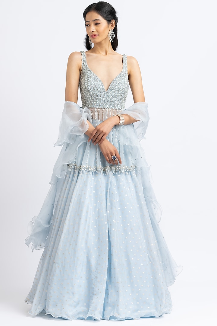 Ice Blue Organza Embroidered Wedding Lehenga Set by NITIKA GUJRAL at Pernia's Pop Up Shop