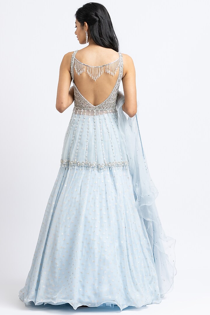 Ice Blue Organza Embroidered Wedding Lehenga Set by NITIKA GUJRAL at Pernia's Pop Up Shop
