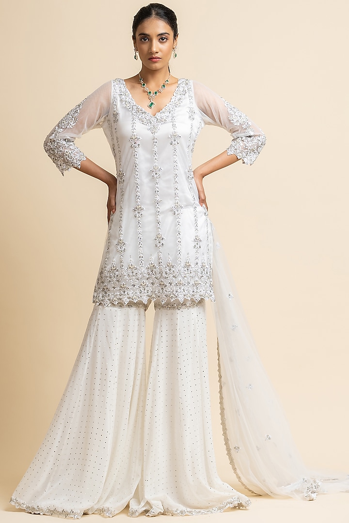 Off-White Mukaish Georgette Gharara Set by NITIKA GUJRAL