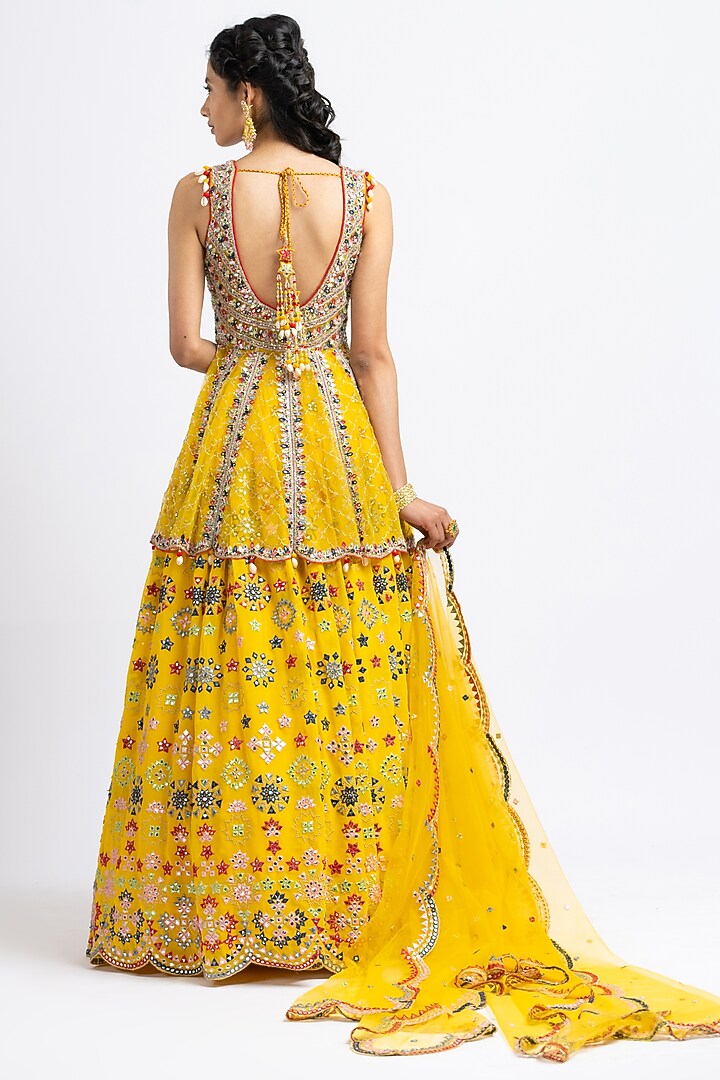 Yellow Georgette Bead Embroidered Wedding Lehenga Set by NITIKA GUJRAL at Pernia's Pop Up Shop