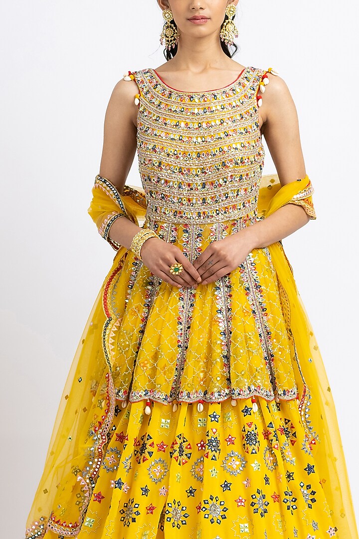 Yellow Georgette Bead Embroidered Wedding Lehenga Set by NITIKA GUJRAL at Pernia's Pop Up Shop