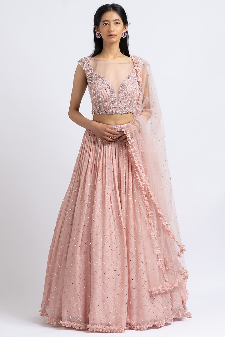 Rose Pink Mukaish Georgette Embroidered Wedding Lehenga Set by NITIKA GUJRAL at Pernia's Pop Up Shop