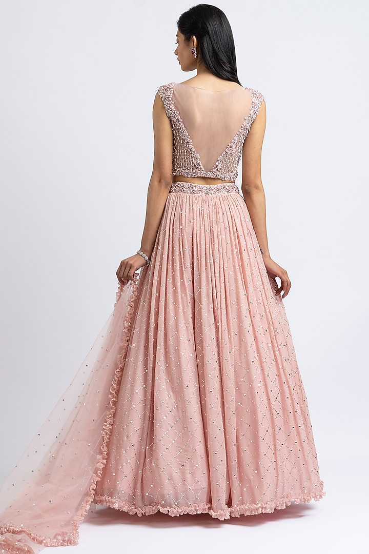 Rose Pink Mukaish Georgette Embroidered Wedding Lehenga Set by NITIKA GUJRAL at Pernia's Pop Up Shop