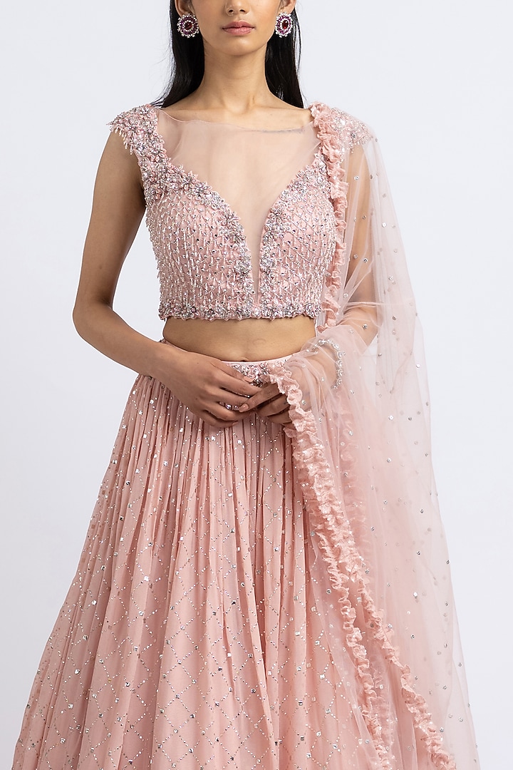 Rose Pink Mukaish Georgette Embroidered Wedding Lehenga Set by NITIKA GUJRAL at Pernia's Pop Up Shop