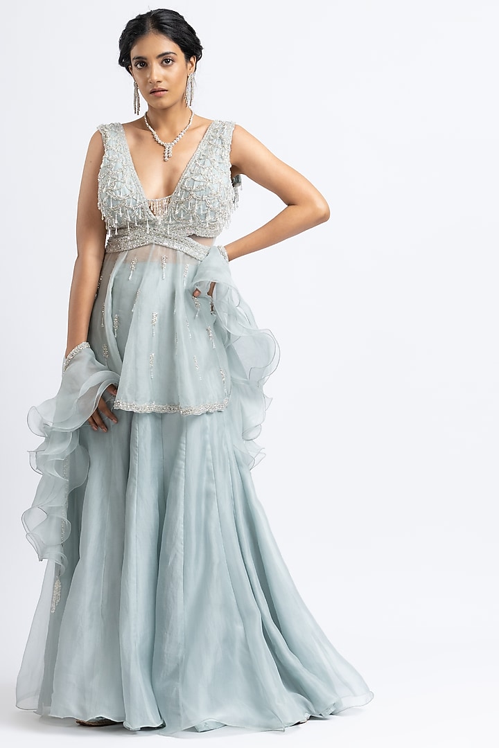Greyish Blue Organza Embroidered Bridal Sharara Set by NITIKA GUJRAL at Pernia's Pop Up Shop