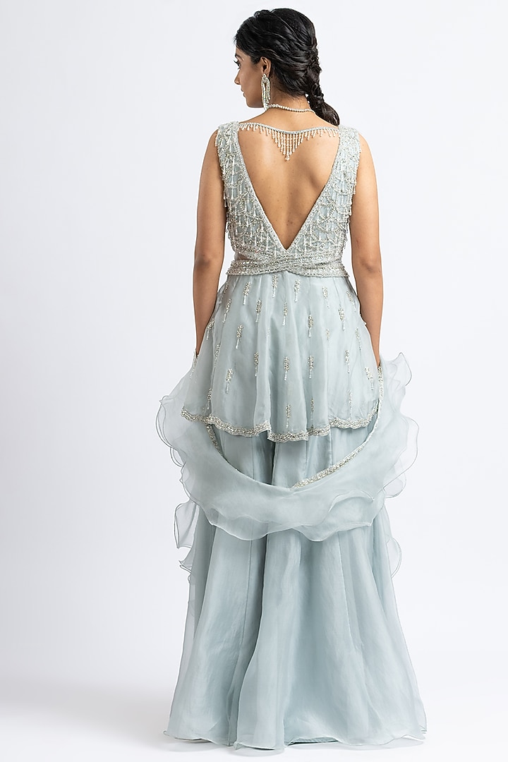 Greyish Blue Organza Embroidered Bridal Sharara Set by NITIKA GUJRAL at Pernia's Pop Up Shop