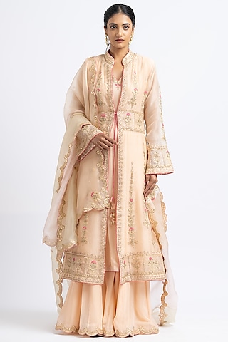 Peach Organza Dori Embroidered Jacket Set by NITIKA GUJRAL
