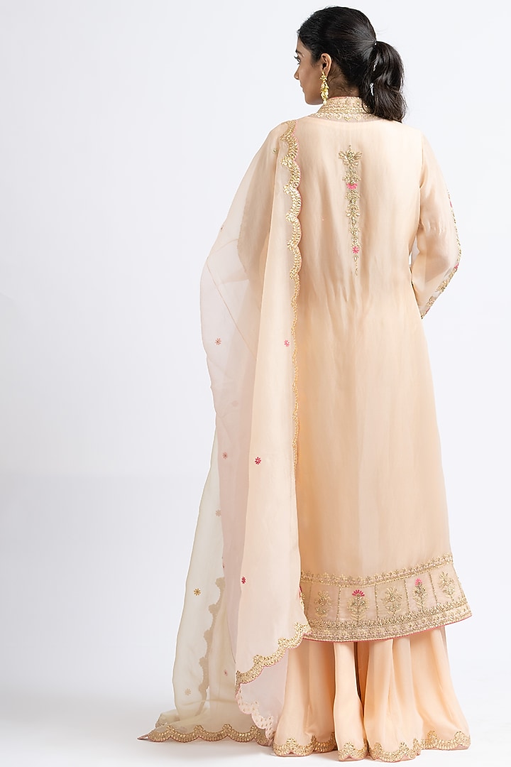 Peach Organza Dori Embroidered Jacket Set by NITIKA GUJRAL at Pernia's Pop Up Shop