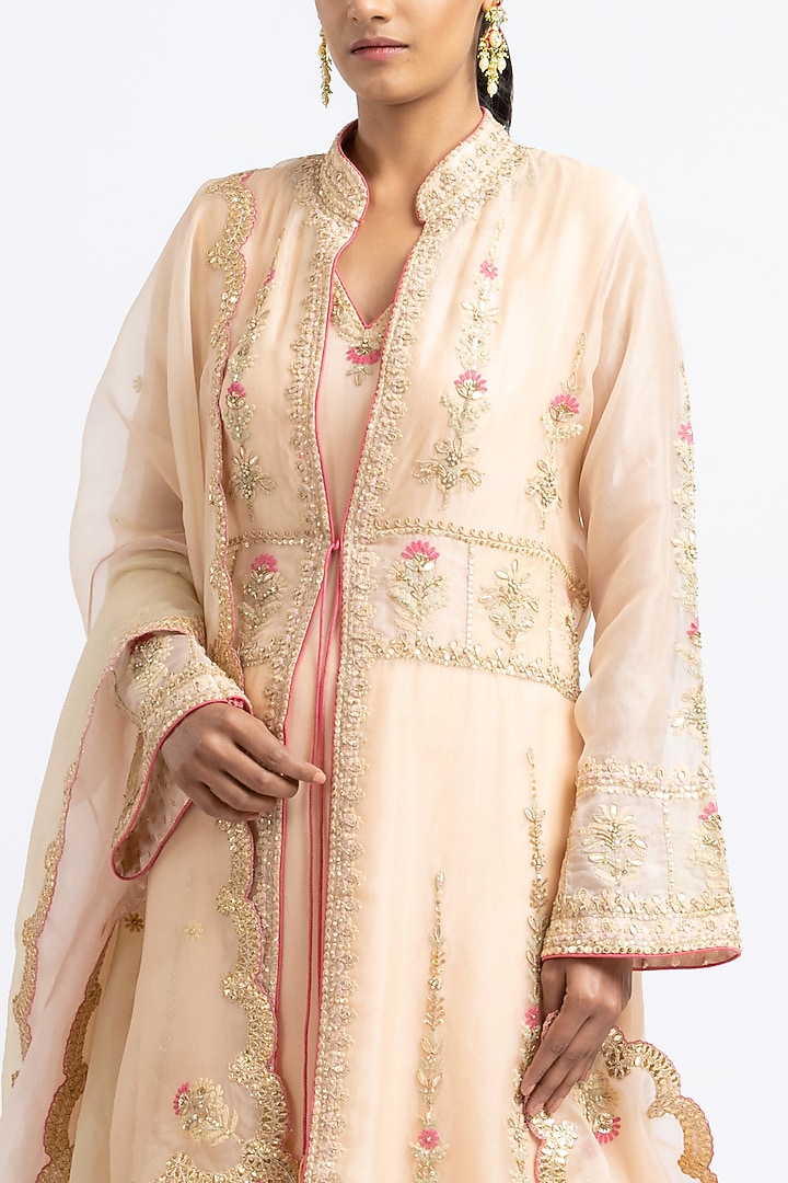 Peach Organza Dori Embroidered Jacket Set by NITIKA GUJRAL at Pernia's Pop Up Shop