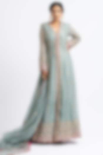 Slate Green Organza Gota Embroidered Jacket Set by NITIKA GUJRAL at Pernia's Pop Up Shop