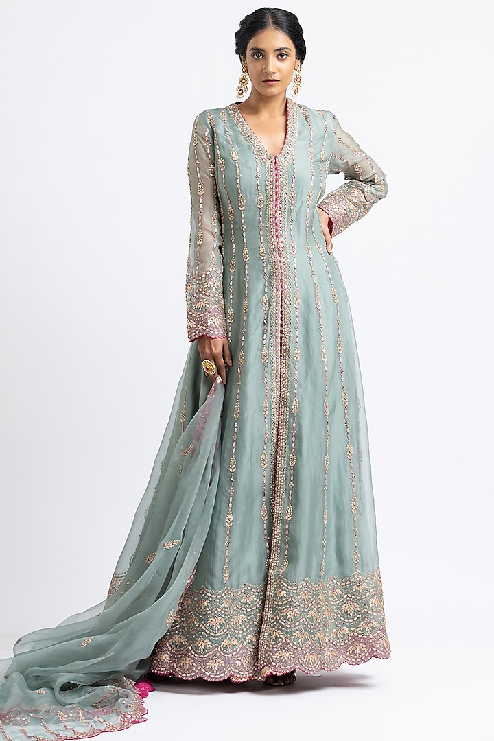 Slate Green Organza Gota Embroidered Jacket Set by NITIKA GUJRAL at Pernia's Pop Up Shop