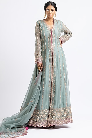 Slate Green Organza Gota Embroidered Jacket Set by NITIKA GUJRAL