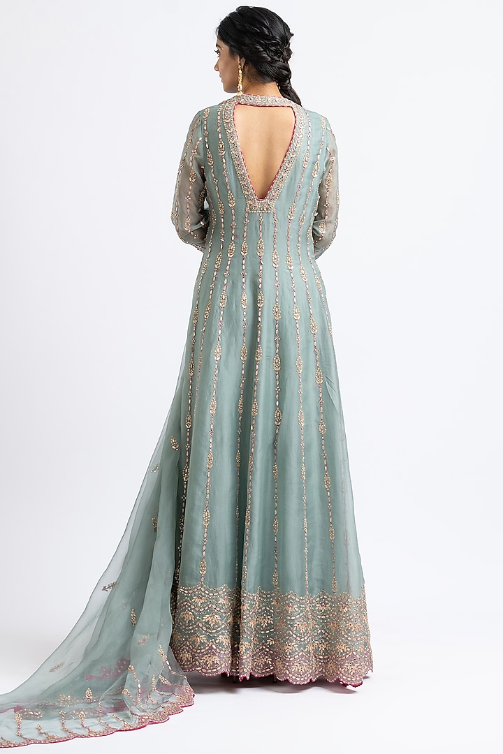 Slate Green Organza Gota Embroidered Jacket Set by NITIKA GUJRAL at Pernia's Pop Up Shop