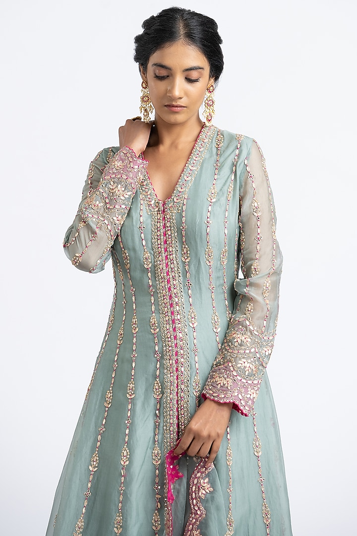 Slate Green Organza Gota Embroidered Jacket Set by NITIKA GUJRAL at Pernia's Pop Up Shop