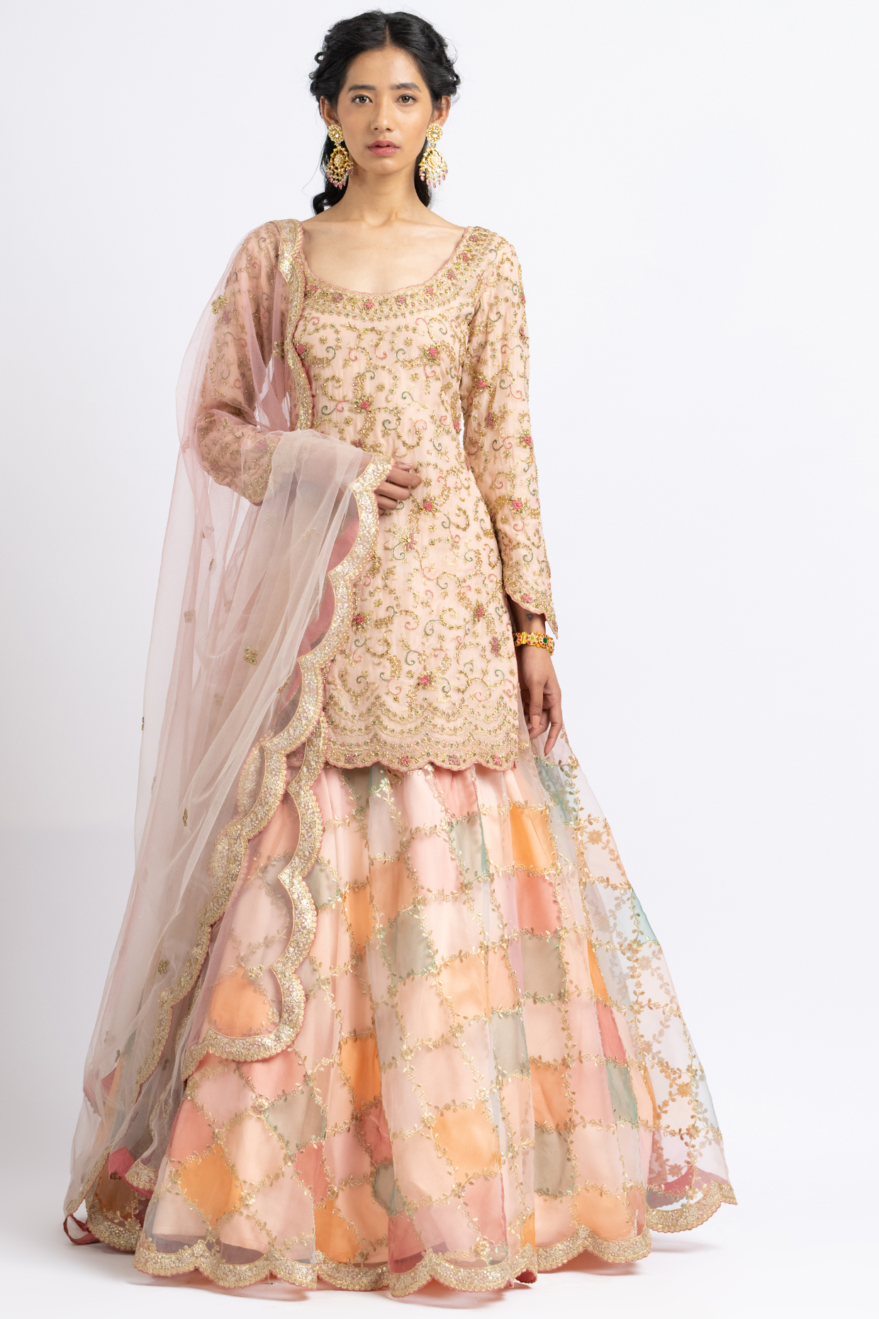 Peach Organza Floral Jaal Embroidered Wedding Lehenga Set by NITIKA GUJRAL at Pernia's Pop Up Shop