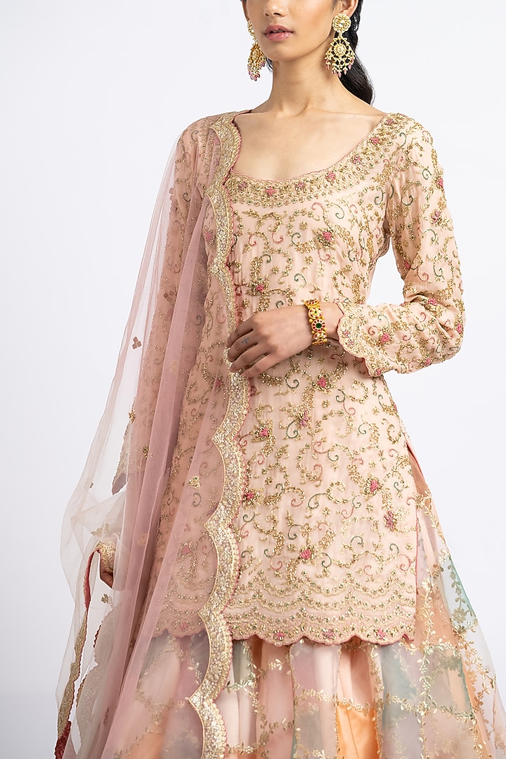 Peach Organza Floral Jaal Embroidered Wedding Lehenga Set by NITIKA GUJRAL at Pernia's Pop Up Shop