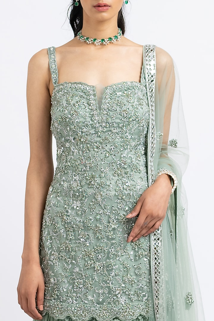 Jade Green Georgette Layered Wedding Sharara Set by NITIKA GUJRAL at Pernia's Pop Up Shop