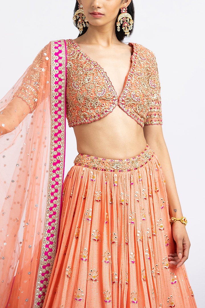 Mango Orange Georgette Resham Embroidered Wedding Lehenga Set by NITIKA GUJRAL at Pernia's Pop Up Shop