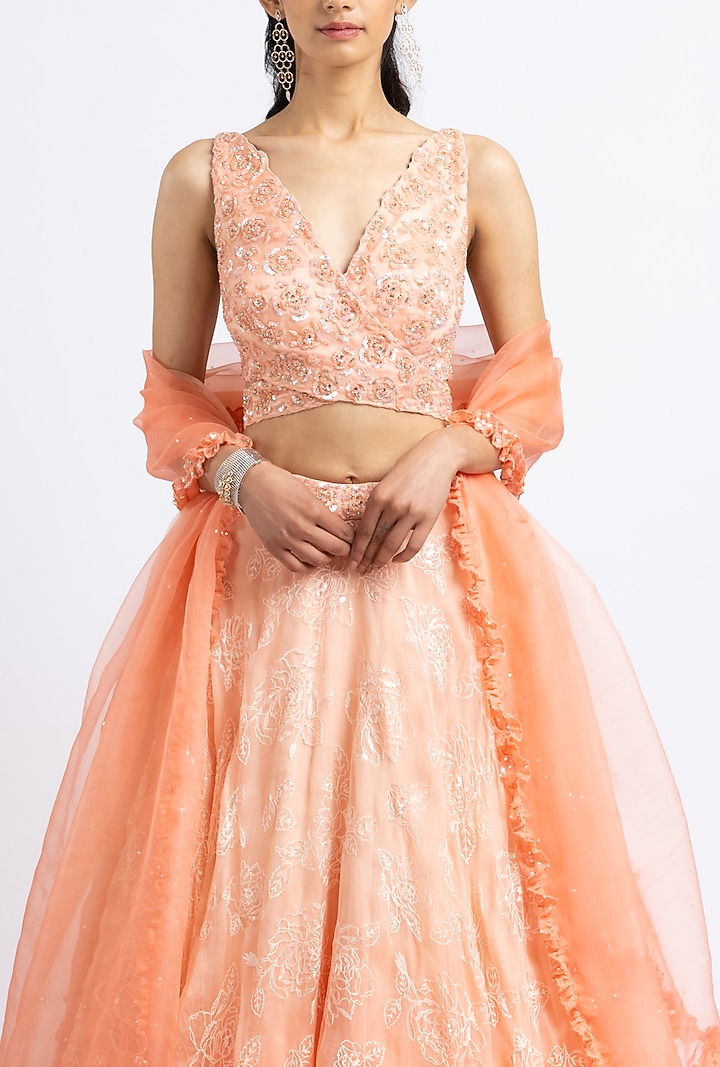 Orange Organza Bead Embroidered Wedding Lehenga Set by NITIKA GUJRAL at Pernia's Pop Up Shop