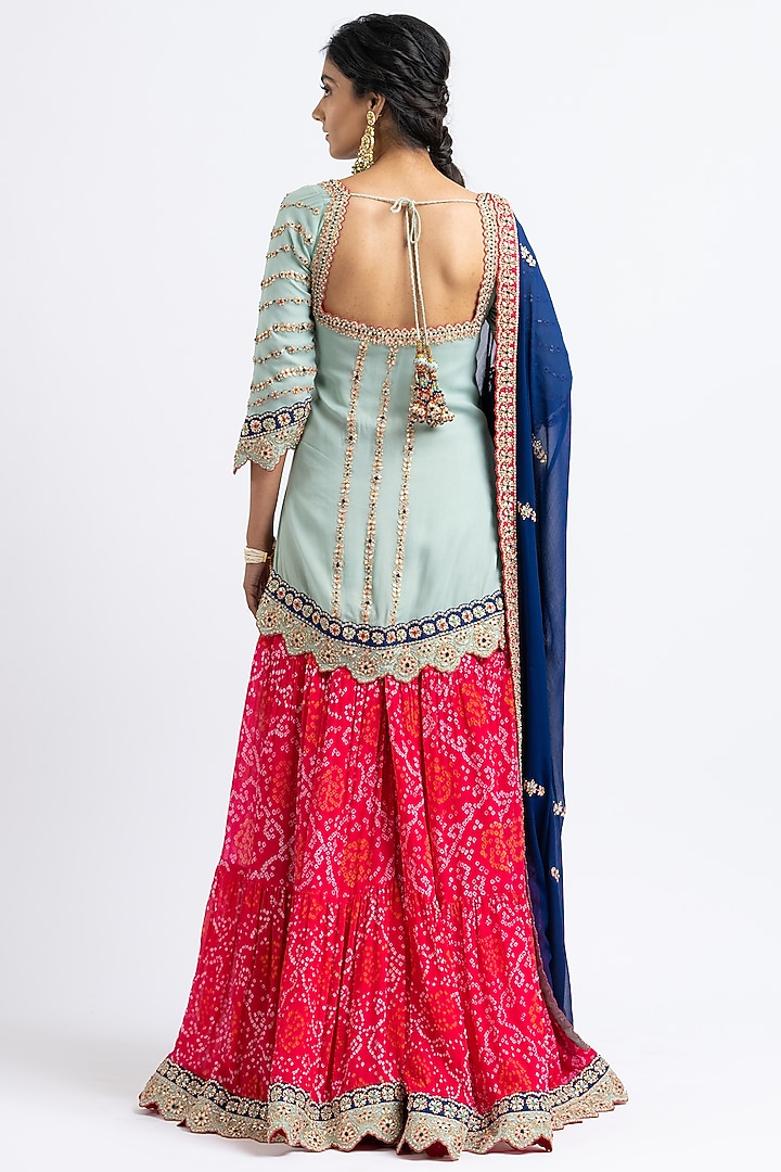 Hot Pink Georgette Bandhej Tiered Bridal Sharara Set by NITIKA GUJRAL at Pernia's Pop Up Shop