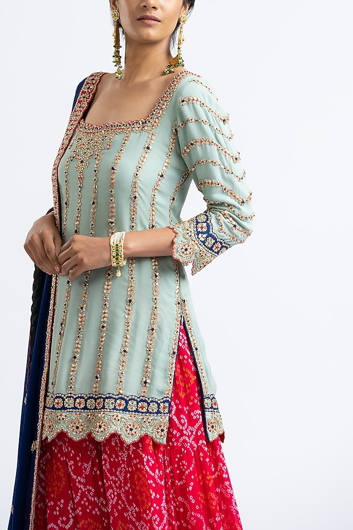 Hot Pink Georgette Bandhej Tiered Bridal Sharara Set by NITIKA GUJRAL at Pernia's Pop Up Shop