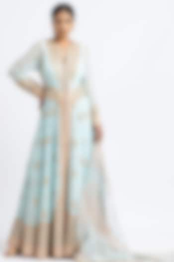 Aqua Georgette Embroidered Kalidar Jacket Set by NITIKA GUJRAL at Pernia's Pop Up Shop