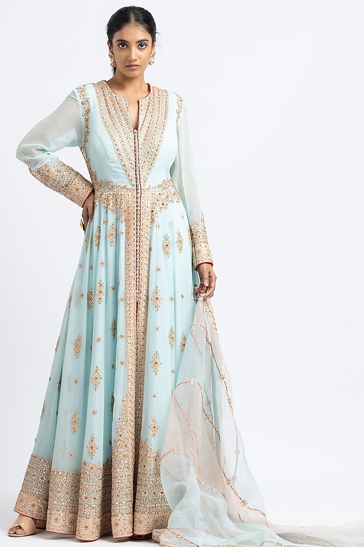 Aqua Georgette Embroidered Kalidar Jacket Set by NITIKA GUJRAL at Pernia's Pop Up Shop