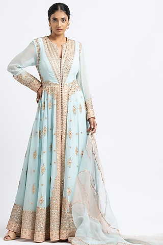 Aqua Georgette Embroidered Kalidar Jacket Set by NITIKA GUJRAL