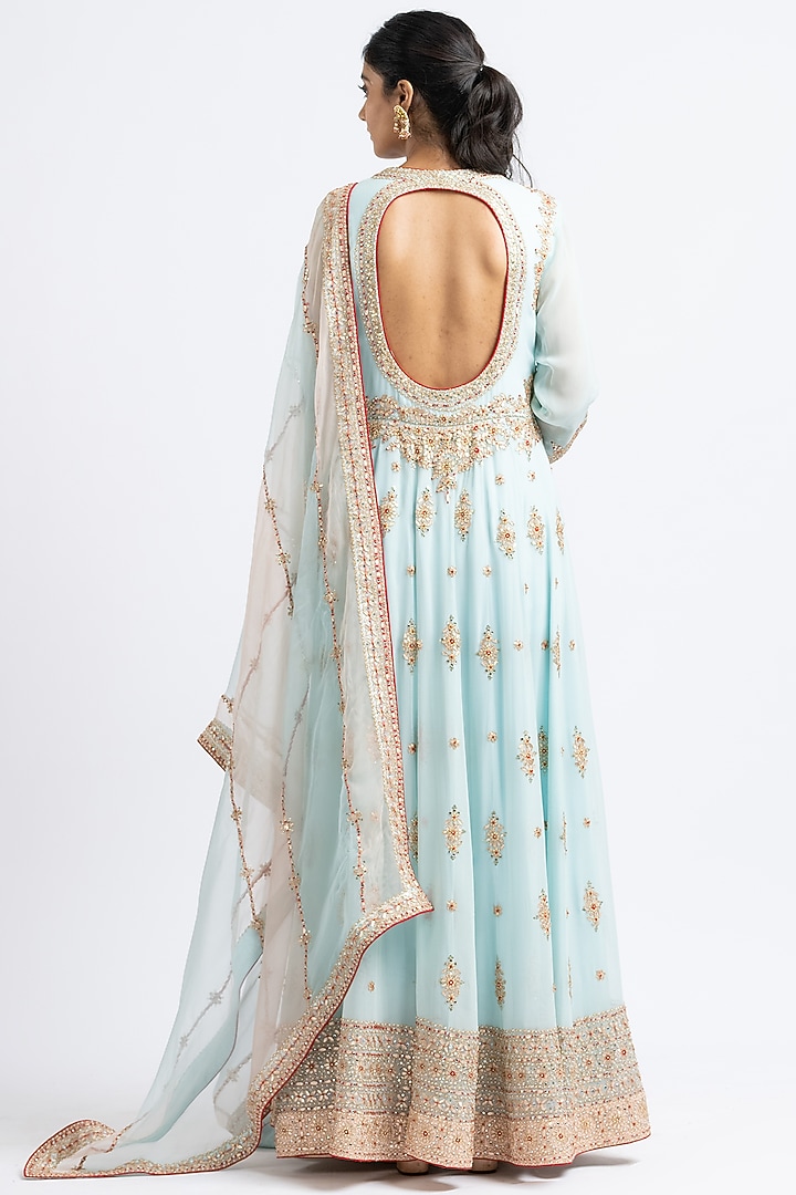 Aqua Georgette Embroidered Kalidar Jacket Set by NITIKA GUJRAL at Pernia's Pop Up Shop